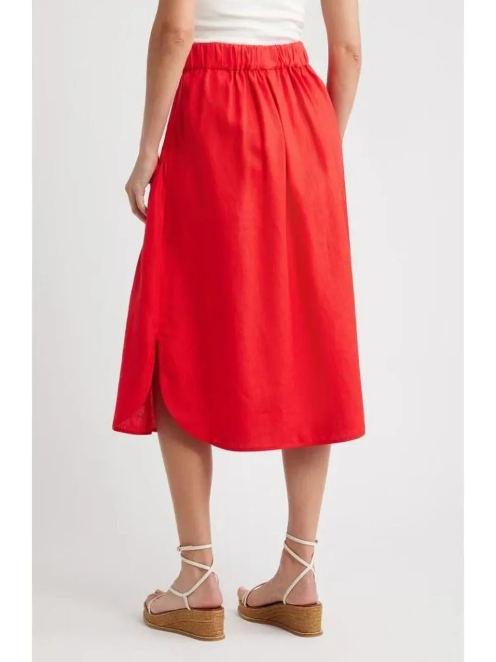 NWOT Farm Rio Red Mixed Buttons Linen Midi Skirt Elastic Waist Size S - Picture 5 of 13
